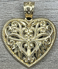 Vintage 14K Yellow Gold White Gold Reversible Filigree Heart Pendant 2.2g Signed