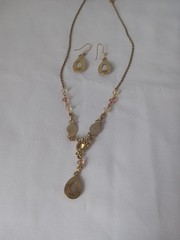 Vintage Style Brass Tone Iridescent Amber Cabochon Drop Necklace & Earrings Set