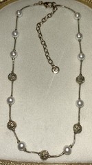 Vintage Swarovski Pearl Crystal Station Necklace Gold Tone Swan 16”-19” 1990’s