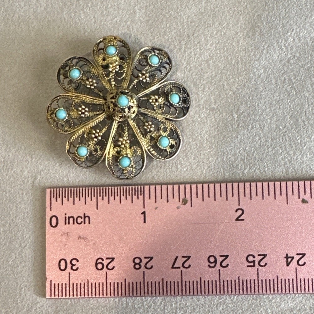 VTG Sterling Silver 925 Filigree Flower Brooch Pin Blue Stones Signed Israel