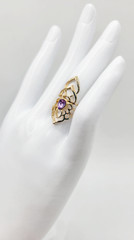 Purple Rhinestone Ornate Gold Tone Metal Women’s Ring Size 5.5 Costume Jewelry
