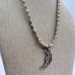Vintage Y2K Silver Tone Crescent Moon Pendant Beaded Natural Fiber Cord Jewelry