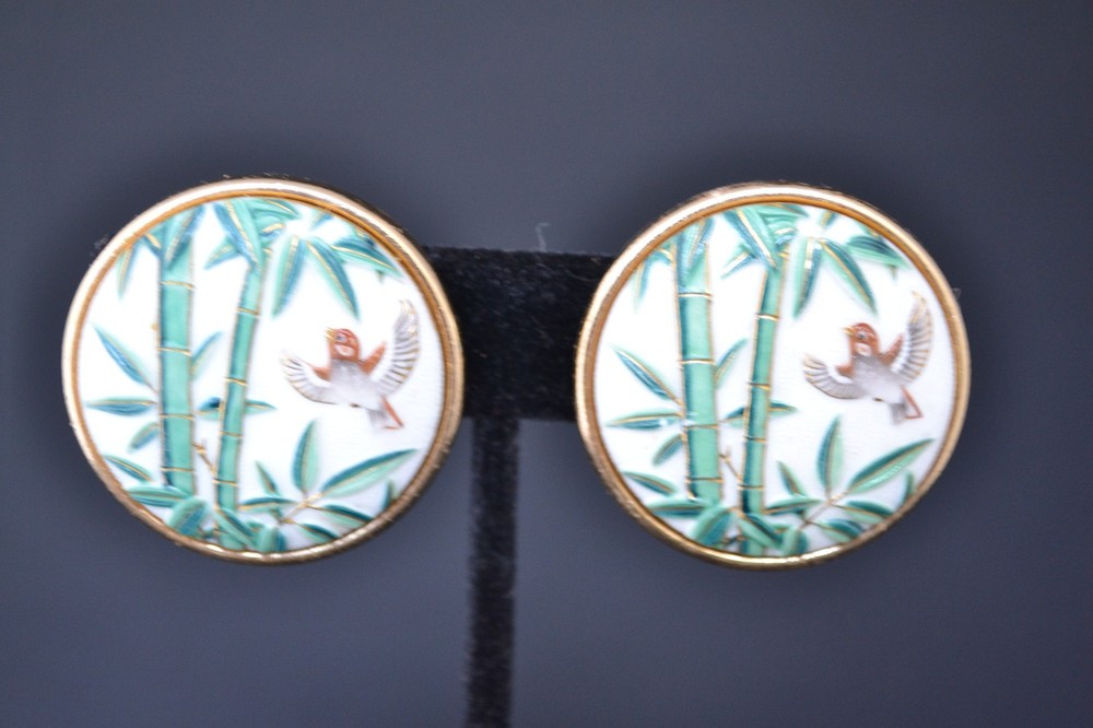 Toshikane Arita Japan porcelain Bamboo clip on earrings vintage bird vintage VGC