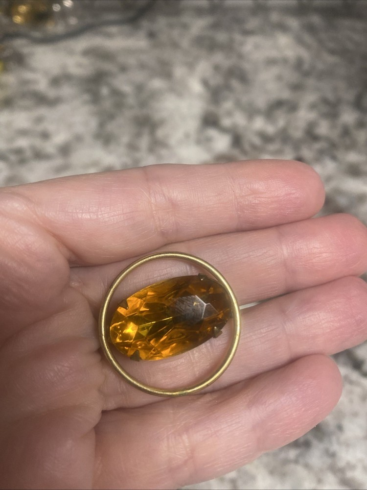 Vtg Simple Circle Pin Large Orange Citrine Glass Accent Stone November Birth