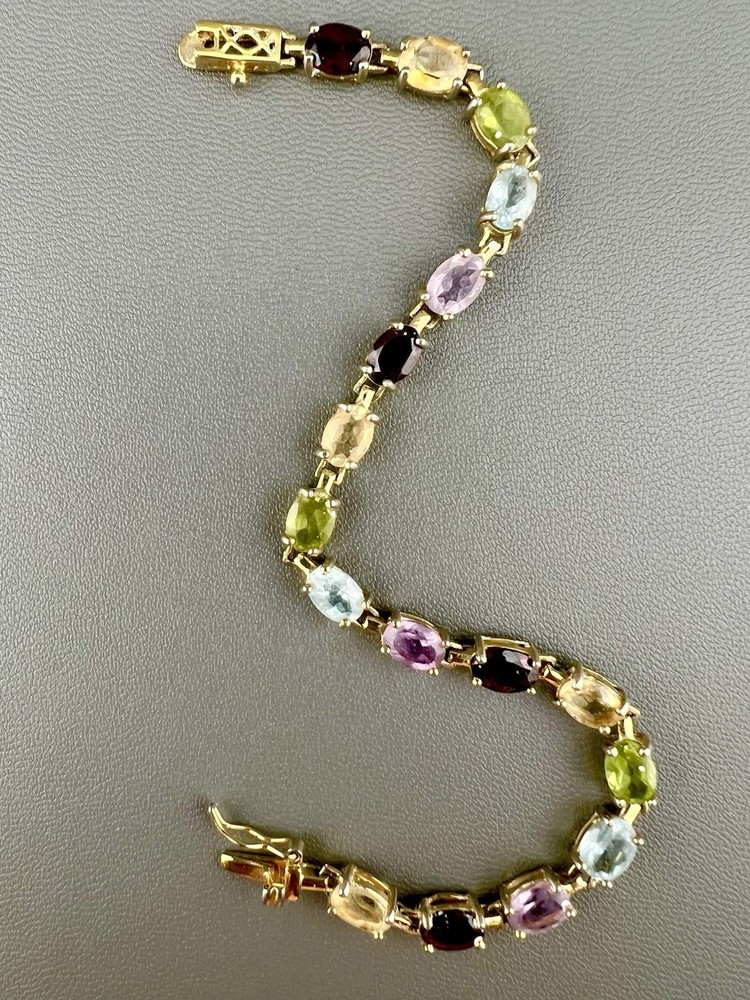 Vintage Tennis Bracelet Sterling Silver Vermeil Multi Gemstone Oval Cut