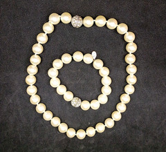 Cookie Lee Faux Pearl Choker Necklace & Bracelet set with Rhinestone Ball Clasp