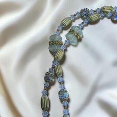 Vintage 1950s 1960s Aqua Glass Crystal Long Beaded Necklace AB Mid Century 33″