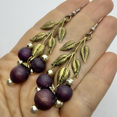 Vtg Big Art Nouveau Brass Leaves Chandelier Burgundy Bead Statement Earrings