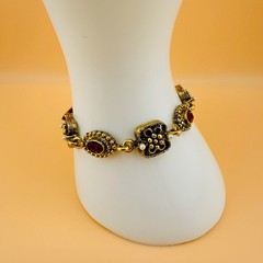 Vintage Victorian Revival Bracelet Red Rhinestone Gold Tone Faux Seed Pearl 6.2″