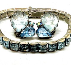 Vtg Light Blue Sapphire Pressed Glass Rose Earrings & Square Stone Bracelet 7″