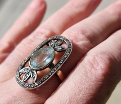 Antique Aquamarine And Rose Cut Diamond 18k And Silver Topped Ring.