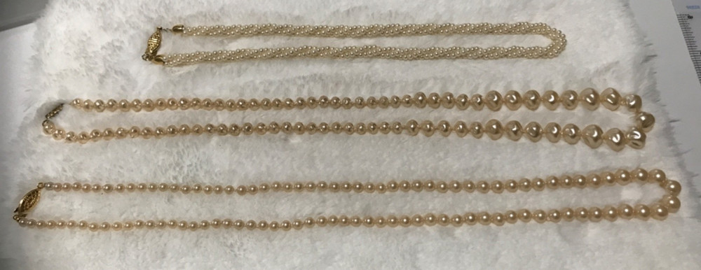 Vtg. 3 Faux High End Pearl Necklaces 1 Marked G Silver On Clasp (See All Photos)