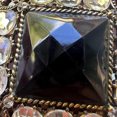 VTG Brooch Pin 2 Inch Black Glass Cab Clear Rhinestones Gold Tone Filigree NWT