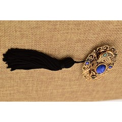 Vintage Cabochon Tassel Pin Brooch Lightweight Antiqued Gold Blue Black BinBG