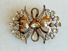 VTG Art Nouveau Gold over European Silver Vermeil Rhinestone & Faux Pearl Pin