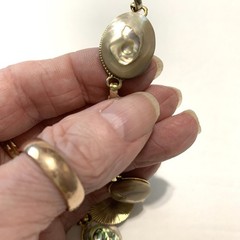 Vintage Silver Tone Abalone Link Bracelet 1970’s Paua Shell Oval Cabochons 7.5″