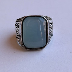 Ancient Vintage Victorian Sterling Silver Ring Engraved Aquamarine Stone Size9.5