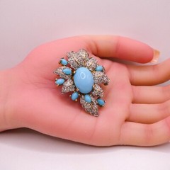 Jomaz Mazer Blue & White Rhinestone Gold Flower 2″ Brooch Pin Signed HTF