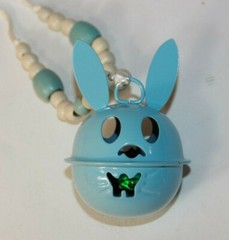 Vtg Blue Easter Bunny Rabbit Jingle Bell Necklace Metal Wood Beads Spring Gift