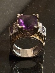 Vintage Chunky Square Two-tone 925 Sterling Silver Amethyst Cocktail Ring sz 6.5