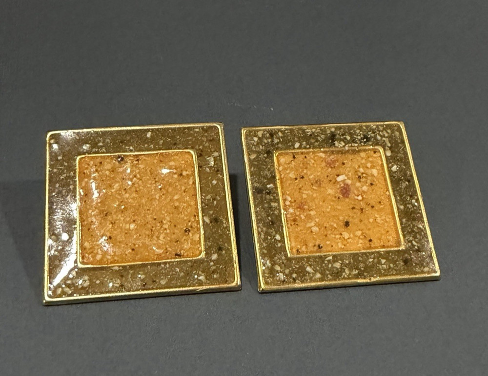 Speckled Enamel Square Earrings Post Pierced Yellow Multi Gold Tone 1.50″