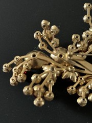 Gorgeous Vintage Red AB Rhinestone Brooch In Gold Tone With Molded Beads 3.5”