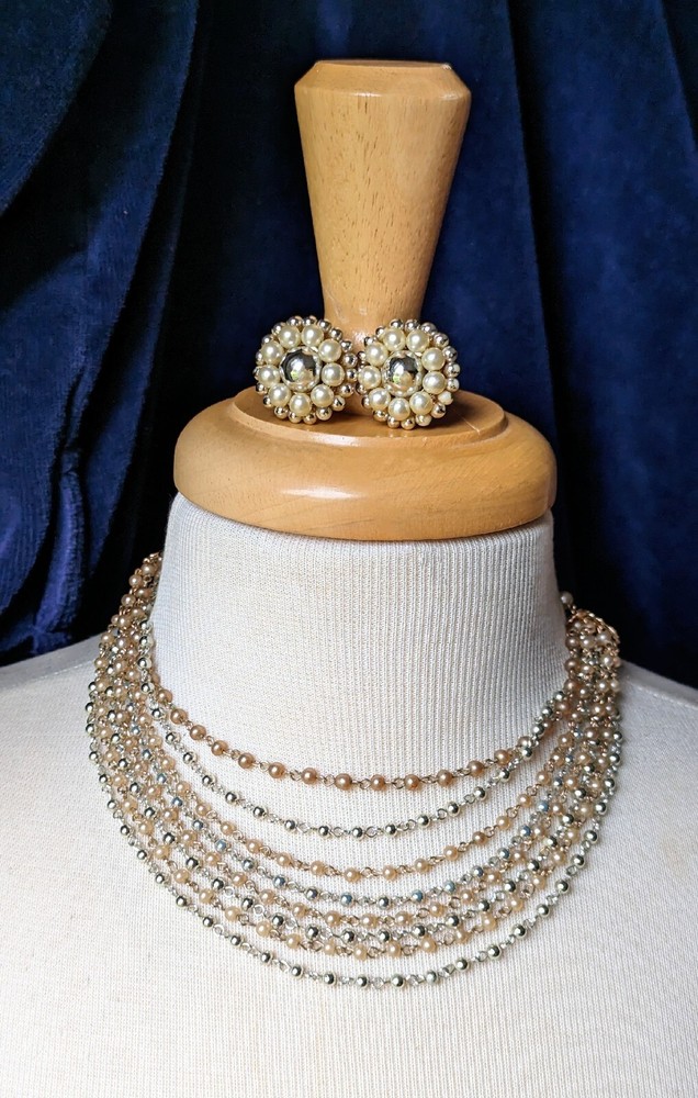 Vintage NECKLACE Clip EARRINGS Jewelry SET Multi Strand Faux Pearl