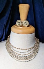 Vintage NECKLACE Clip EARRINGS Jewelry SET Multi Strand Faux Pearl
