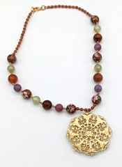 Vintage Graziano Mandala Pendant Necklace Cloisonne Beads Gold tone Statement