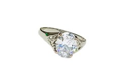 Oval 10mm Cubic Zirconia Solitaire Ring Sz 7 Silver Tone Filigree Engagement EUC