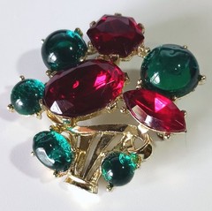 Vtg Gold-tone Flower Basket Brooch w/ Green Translucent Cabs & Red Rhinestones