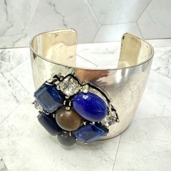 Silver Tone Rhinestone Wide Cuff Bracelet Statement Blue Bezel Cabochon Stones