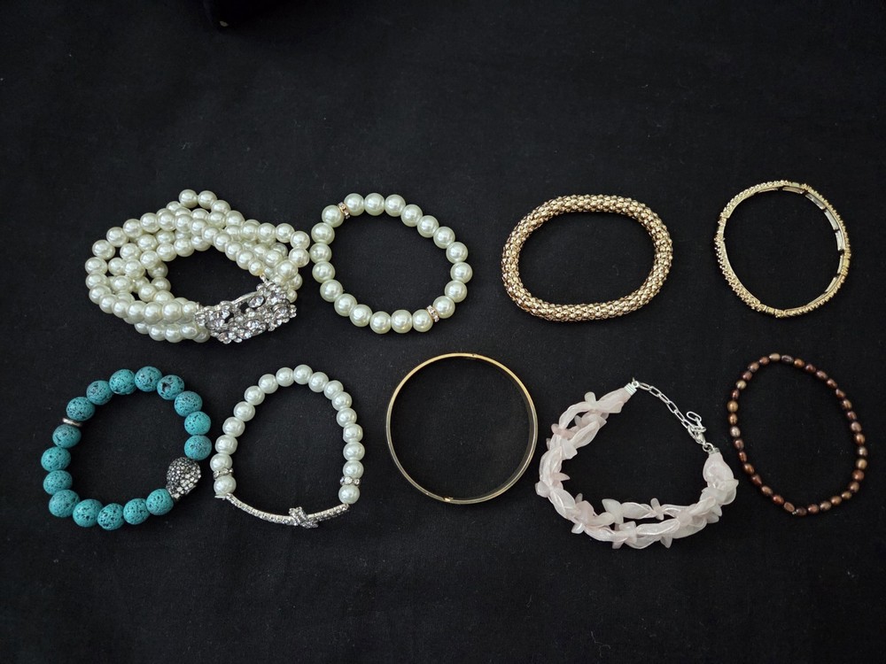 9 Vtg Bracelet Rhinestone Metal Faux Pearl Beads 7 Stretchable