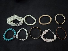 9 Vtg Bracelet Rhinestone Metal Faux Pearl Beads 7 Stretchable