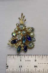 Vintage Rhinestone Faux Pearl Brooch Clip Earrings Set Blue AB Gold Tone Retro