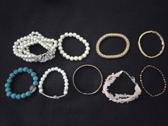 9 Vtg Bracelet Rhinestone Metal Faux Pearl Beads 7 Stretchable
