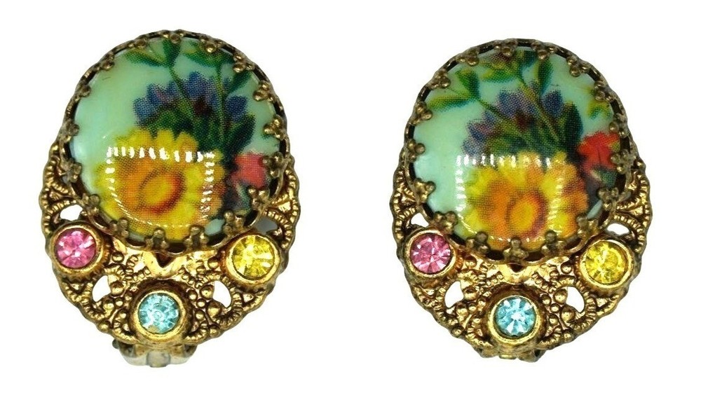 West Germany Rhinestone Earrings Floral Cabochon Signed Costume Jewelry Vintage