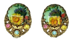 West Germany Rhinestone Earrings Floral Cabochon Signed Costume Jewelry Vintage