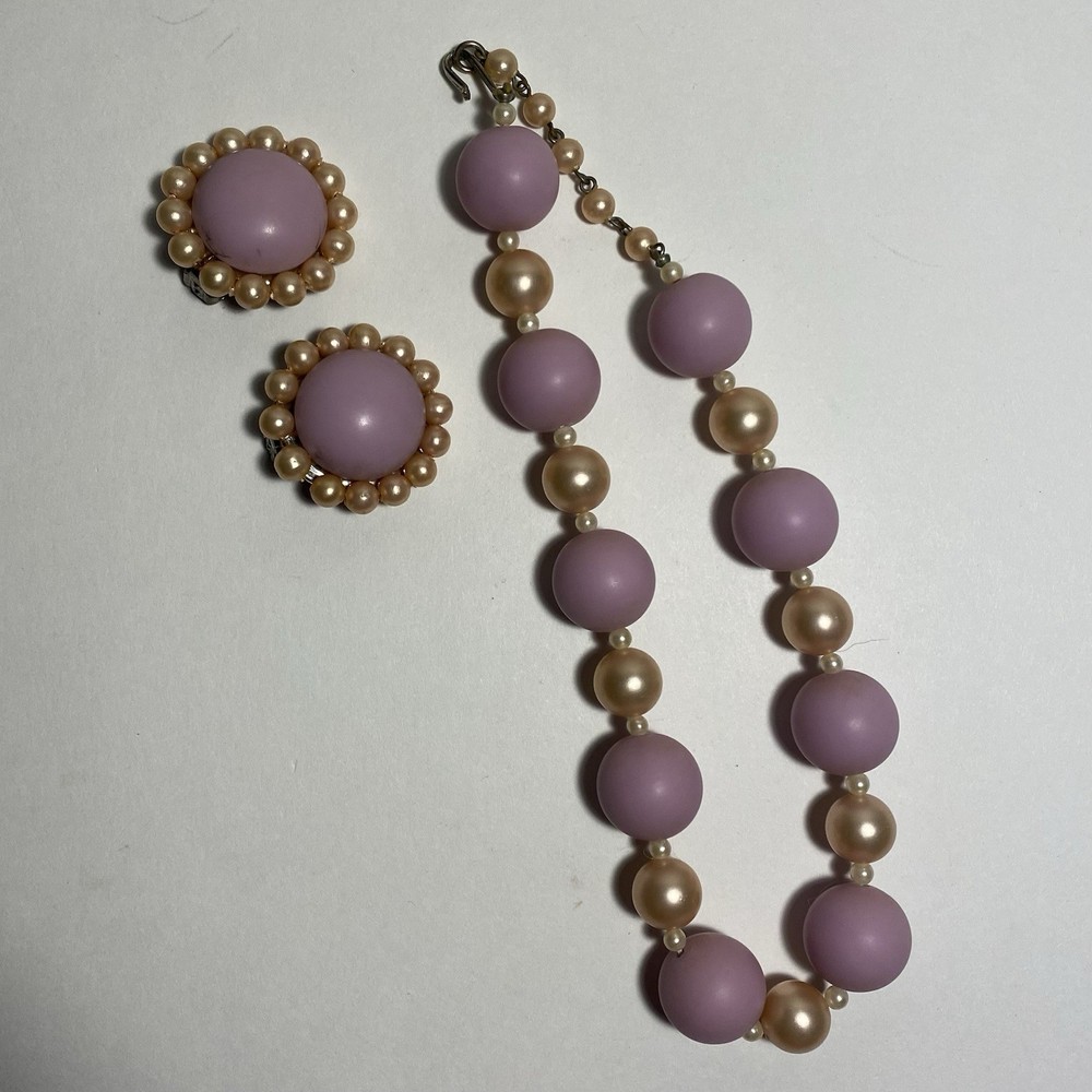 Vintage Elegant Lavender and Faux Pearl Beaded Jewelry Set