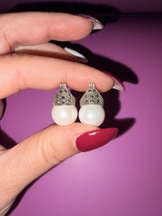 Vintage Marcasite And Pearl 925 Silver Earrings Pierced Huggie Style