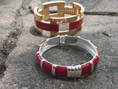2 Vintage Hinged Bangle Bracelets with Red Enamel 1 Gold Tone 1 Silver Tone 80’s