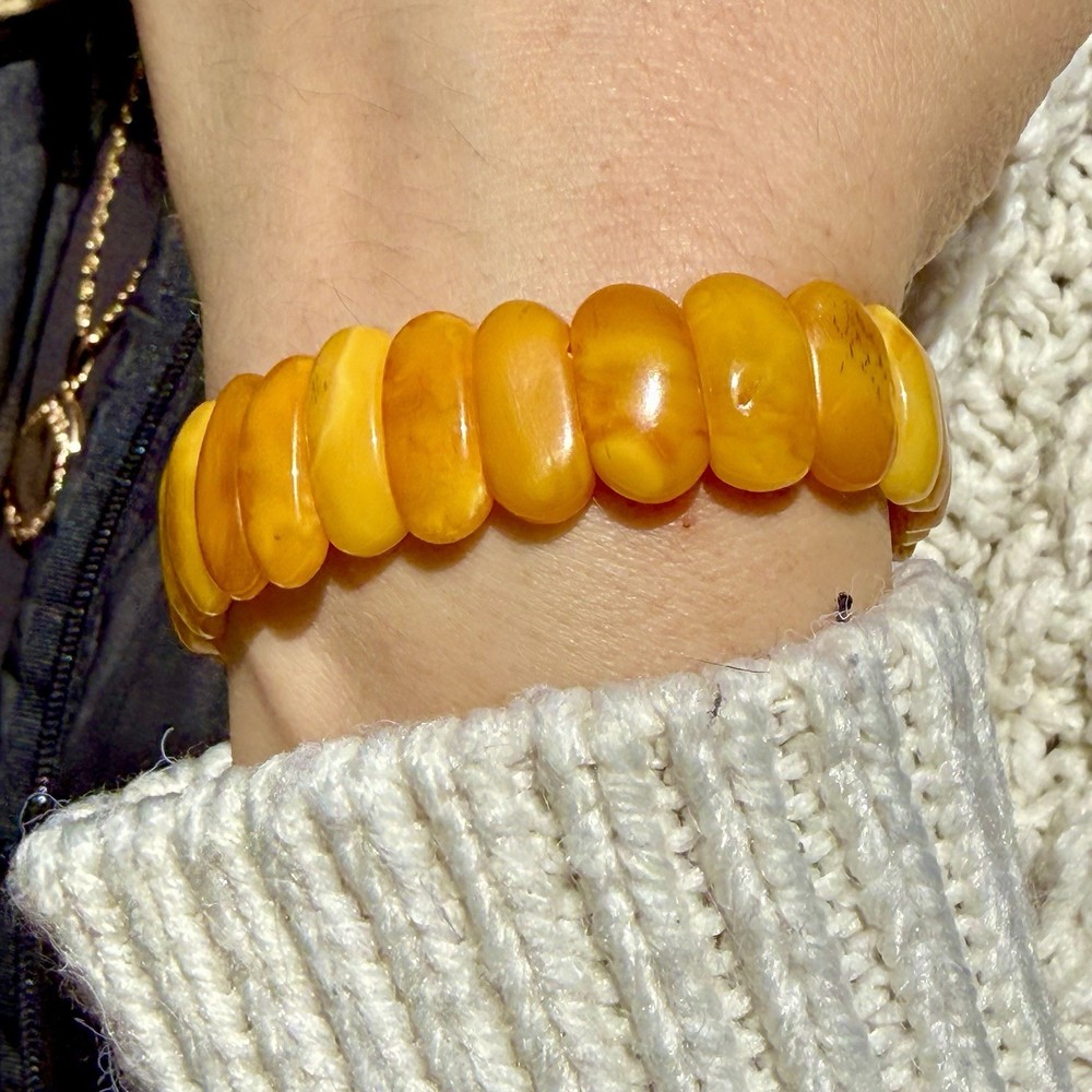 Vintage Natural Baltic Amber Stretch Bracelet Butterscotch Egg Yolk Panels 7,5”