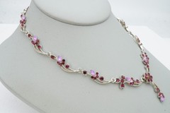 Vintage Necklace Silver Tone Purple Rhinestone Flower Ivy 15″