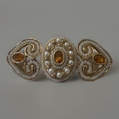Amber Colored Brooch Crystal Gold Toned Faux Pearl Quality Vintage MCM
