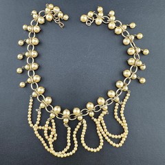 Vintage Faux Pearl Fringe Chain Necklace Gold Tone Beaded Dangle Charm Old Clasp