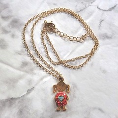 Small Girl With Red Crystals Blue Stones Pendant Necklace Gold Tone Chain 16.5″