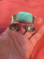 Vtg 70s Modernist Southwst .75″ Wide Sterling 925 Cuff Bracelet & Teal Acrylic?