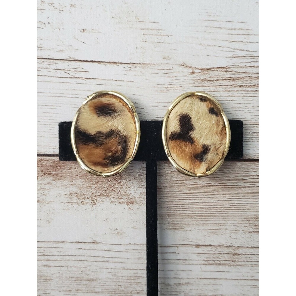 Vintage Clip On Earrings Animal Print Ovals – Just Over 1 & 1/8″