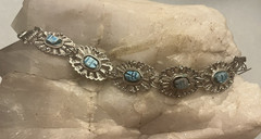 Vintage Egyptian Revival Turquoise Scarab Silver Filigree Bracelet/Earrings Set