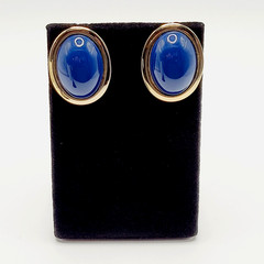 Modernist Navy Blue Slight Dome Lucite Oval Polished Gold Tone Pierced Earrings